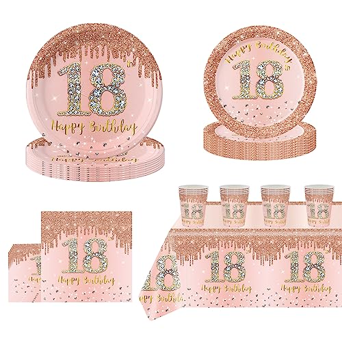 Image of POPOYU 69Pcs Rose Gold 18th Birthday Party Tableware 16 Guests,18th Paper Plates Tablecloth Cups and Napkins Set for Women Her Gifts Supplies Table Decorations