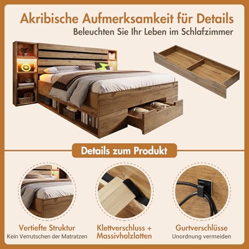 Doppelbett Massivholzbett 160×200, Stauraumbett Bettanlage mit LED-Beleuchtung und USB C Stauraum-Kopfteil und Schubladen, Bettgestell Lattenrost aus Holz, Eiche(Mit Matratze) – Bild 6
