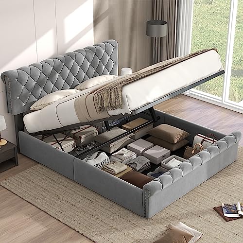 Cama tapizada, cama doble, cama funcional hidráulica, terciopelo, cama continental, hebilla de cristal, cabecero regulable en altura, 140 x 190 cm, gris