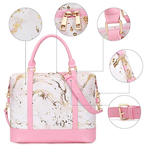 Women Ladies Weekender Carry-on Tote Bag Overnight Duffel in Trolley Handle (B-Pink Marble)