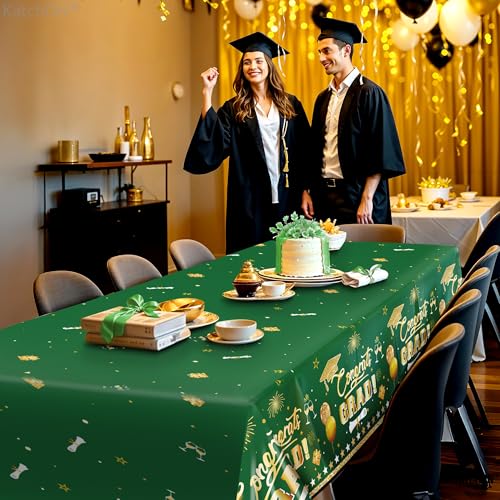 Image of KatchOn Graduation Decorations 2026, Green, Gold Graduation Tablecloth - XtraLarge 54x108 Inch, Pack of 3 | Green Table Cloths | Graduations Table Decorations 2026, Grad Party Supplies