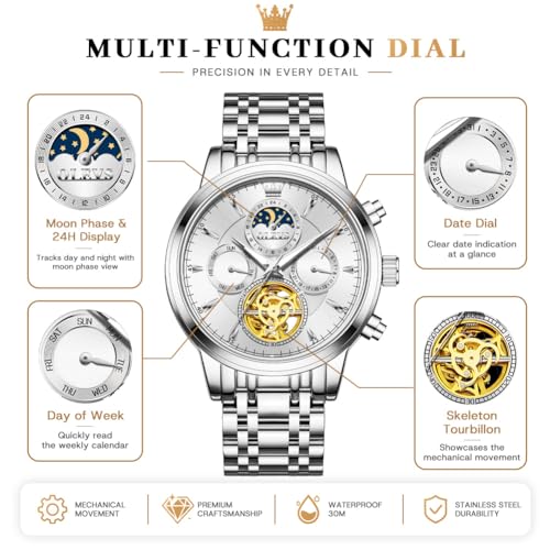 Image of OLEVS Men Automatic Skeleton Watch - Luxury Stainless Steel Calendar Moon Phase Mechanical Dress Wrist Watch with Luminous, Waterproof Self-Wind (Gold /Silver /Blue /Black)