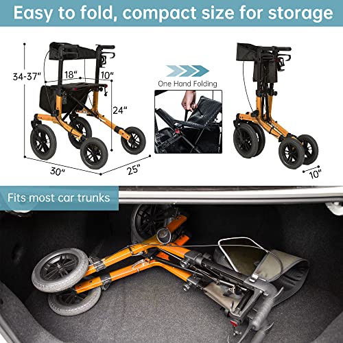 Image of ELENKER All-Terrain Rollator Walker with Non-Pneumatic Tire 12 inch Front Wheels, Compact Folding Design for Seniors (Orange)