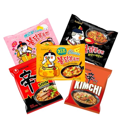 Pack Surtido de Ramen Coreano Original 5 Unidades + 3 Palillos | Sabores Picantes y Cremosos | Sopa Instantánea Asiática | Ramen Premium para Regalo o Degustación