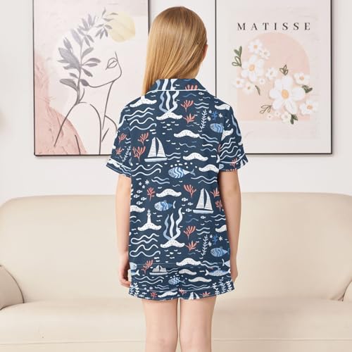 ALAZA Sea Fish Boat Blue Pajamas Satin Pajama Set Short Sleeve Button Down Sleepwear4