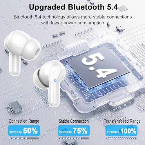 Image of Wireless Earbuds, Bluetooth 5.4 Headphones with 4 ENC Noise Cancelling Mic, 45Hrs Playtime Bluetooth Earphones HiFi Stereo Deep Bass, in Ear Earbuds IP7 Waterproof, Wireless Headphones Silver White