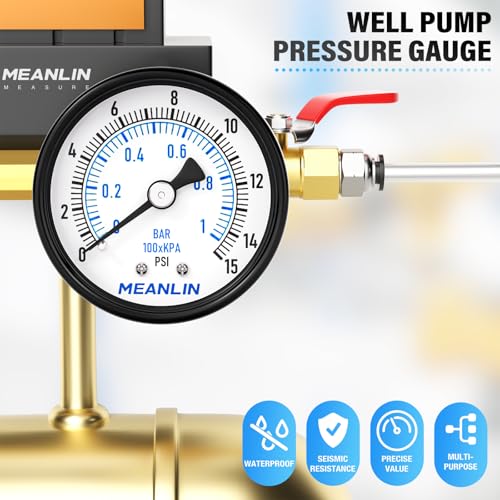 Image of MEANLIN MEASURE 0-15Psi Well Pump Pressure Gauge 1 /4 inch NPT 2 inch FACE DIAL for Water Oil Air Well Pump Tank Tire Pressure Test Back Mount, with Teflon Tape