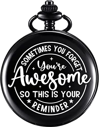 Image of Vintage Gandhi Style Pocket Watch with Engraved Designs & Messages Royal Black Analog for Men Women & Kids Includes Key Ring for car or Bike Keys Ideal Gift