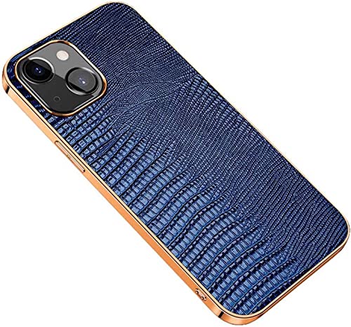Étui en cuir pour iPhone 14 Plus finition lézard premium, cadre doré de protection