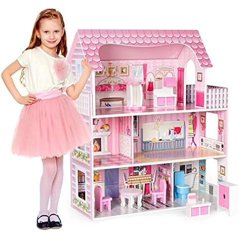 ROBUD Wooden Dollhouse with Furniture, Doll House Playset for Kids Girls, Gift for Ages 3 Years Cover