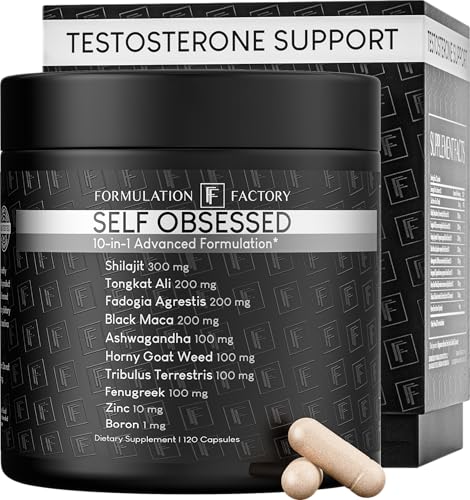 Formulation Factory Self Obsessed 10-in-1 Natural Testosterone Booster for Men, Testosterone Supplement for Men with Shilajit, Tongkat Ali, Fadogia Agrestis, 120 Capsules, 2 Month Supply