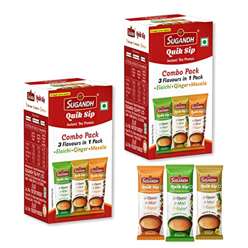 Image of Sugandh Quik Sip Instant Tea Premix Sachets | 3 in 1 Chai Mix with Masala, Elaichi & Ginger Flavours | Ready to Sip Instant Premix Powder | 14gm X 12 Sachets | Quick & Easy Chai Anywhere| Pack of 2