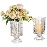 Glasseam Glass Vases for Flowers, Floral Compote Crystal Vase Set of 2, Unique Decorative Vase Decor, Footed Clear Flower Vases for Living Room Decorations, Hurricane Pedestal Urn for Dining Table