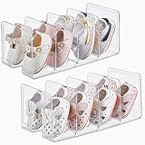 UFORU Clear Acrylic Kids Shoe Rack for Closet Organizers and Storage | 2 Pack Small Shoe Rack 4 Sections Toddler Baby Shoe Storage Organizer Stackable Shoe Shelf, Desk File Sorter Book Purse Organizer
