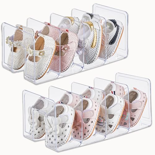 Image of UFORU Clear Acrylic Kids Shoe Rack for Closet Organizers and Storage | 2 Pack Small Shoe Rack 4 Sections Toddler Baby Shoe Storage Organizer Stackable Shoe Shelf, Desk File Sorter Book Purse Organizer
