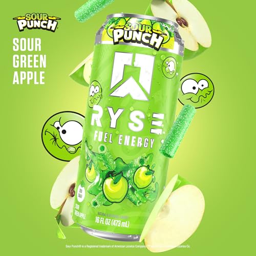 Image of RYSE Fuel Energy Drink - Sour Punch Green Apple - Sugar Free, Gluten Free & Vegan - 200mg Natural Caffeine, Taurine & Choline for Focus & Energy - No Artificial Colors - 16 fl oz Cans (12-Pack)
