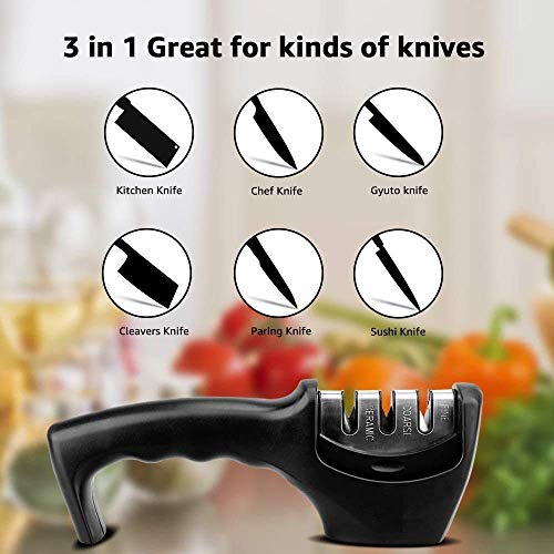 Image of WELLUCK Knife Sharpener Manual 3 Stage Knives Sharpner Tool Advanced Knife Sharpener for Kitchen Knife Sharpner Knives Sharpening Tool for Steel Knives (Black)