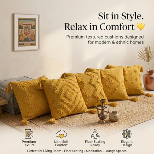 Image of SILK & YANA 16x16 Cotton Cushion Covers Set of 5 | Hand-Tufted Decorative Throw Pillow Covers with Boho, Geometric & Textured Designs | Tassel-Trimmed Covers for Sofa (Mustard Yellow)