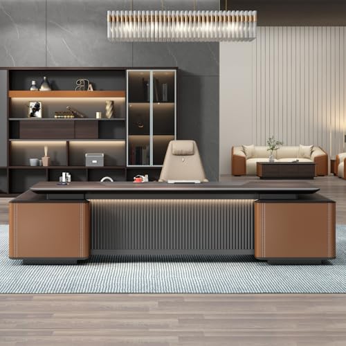 Image of Lakdi The Furniture Co Luxury Executive Director Table with Integrated Storage, Ribbed Front Panel, LED Accent Lighting and Premium Wood Finish - LDL-737