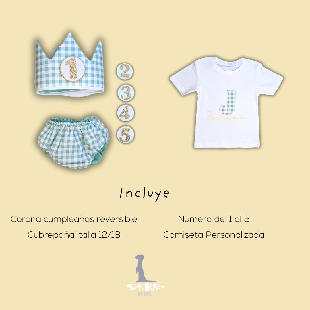 Conjunto Cumpleaños 1 año Personalizado - Camiseta con nombre Bebé - Regalo primer cumpleaños - Smash Cake - Corona cumpleaños (Vichy Rosa)