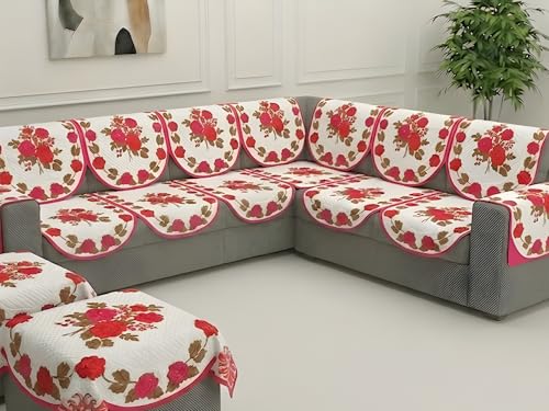 Image of Fab Nation Sofa Cover L Shape 7 Seater with Corner L Type Fully Covered Sofa Set for Living Room | Cotton Sofa Slipcovers for 4 + 3 Seaters Cover with 2 Arms + 2 Setty Covers | Pink Rose