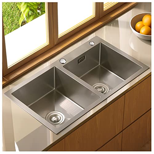 Fregadero de cocina de doble compartimento, fregadero de cocina de RV, fregadero superior de acero inoxidable, fregadero exterior hecho a mano (color: plata, tamaño: 78x43x21 cm)