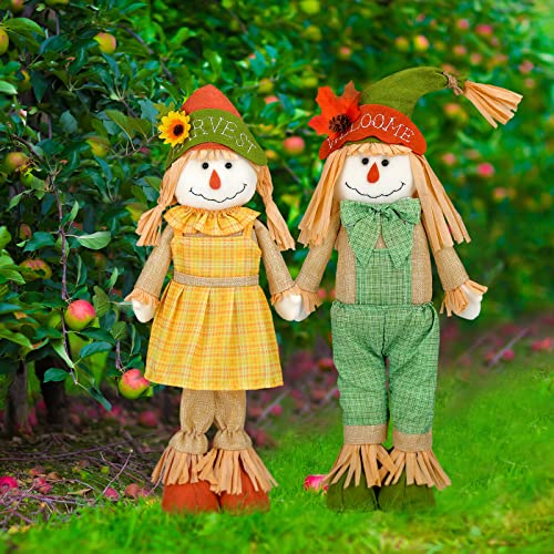 20 Inches Height Thanksgiving Scarecrow Standing Fall Scarecrow Boy And Girl Set Decoration Rustic Happy Harvest Scarecrow Autumn Statue Decoration For Garden Outdoor Home Yard Porch Decor #TOP14