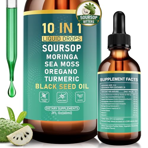 Royavita Soursop Bitters Liquid Drops Bitter Herbs with Soursop Extract Ashwagandha Sea Moss & Black Seed Oil Formulated for Immune Wellness Antioxidant Support & Healthy Digestion 2 FL Oz