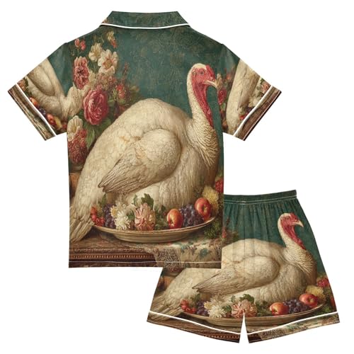 Satin Pajama Sets Short Sleeve Funny Turkey Thanksgiving Button Down Silky Nightwear 2 Piece PJS 5-14Y2