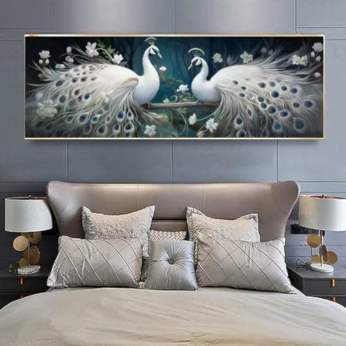Broderie Diamant pour Murale Salon Décoration Paon Blanc | Kit Peinture Diamant Complet 50x150