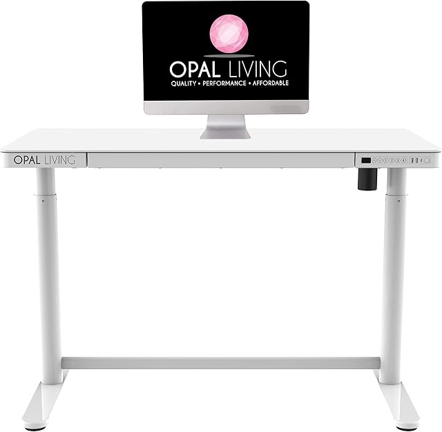 Opal Living Glass Electric Standing Desk, Home Office Electric Height Adjustable Sit-Stand Desk, USB/USB C, Smart Desk With Tempered Glass Table Top (White)