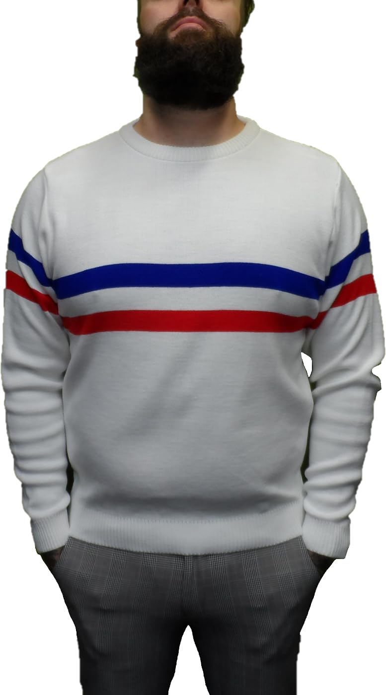 Mazeys Mens Horizontal Stripe Knitted Jumper (White 3XL)