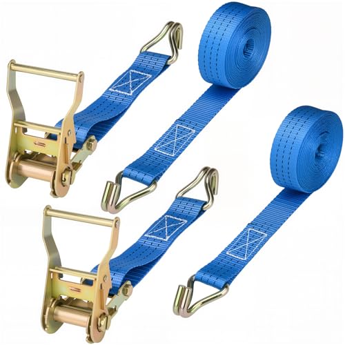Ratchet Straps - 2 Pack 1.5 Inch Heavy Ratchet Duty Tie-Down Straps Cargo Straps Ratcheting with Double J-Hook 4400 LB Break Strength for Moving Cargo Trucks Trailer Motorcycle Kayaks Car Roof(Blue)
