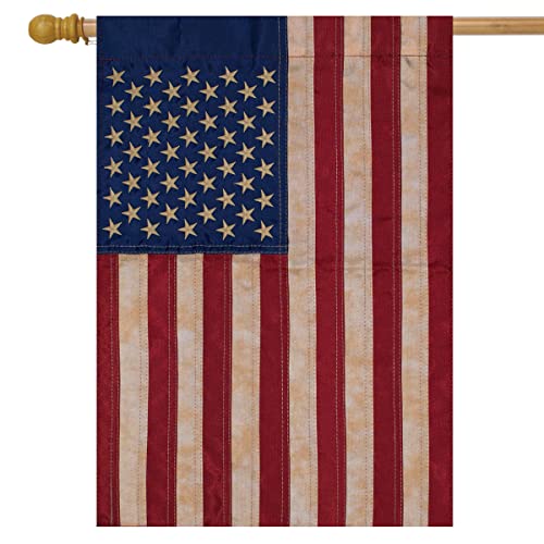 Tea Stained Applique Embroidered American Flag House Flag USA 28 x 50