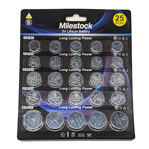 Milestock 25-Pcs 3V Lithium Button Battery Assortment