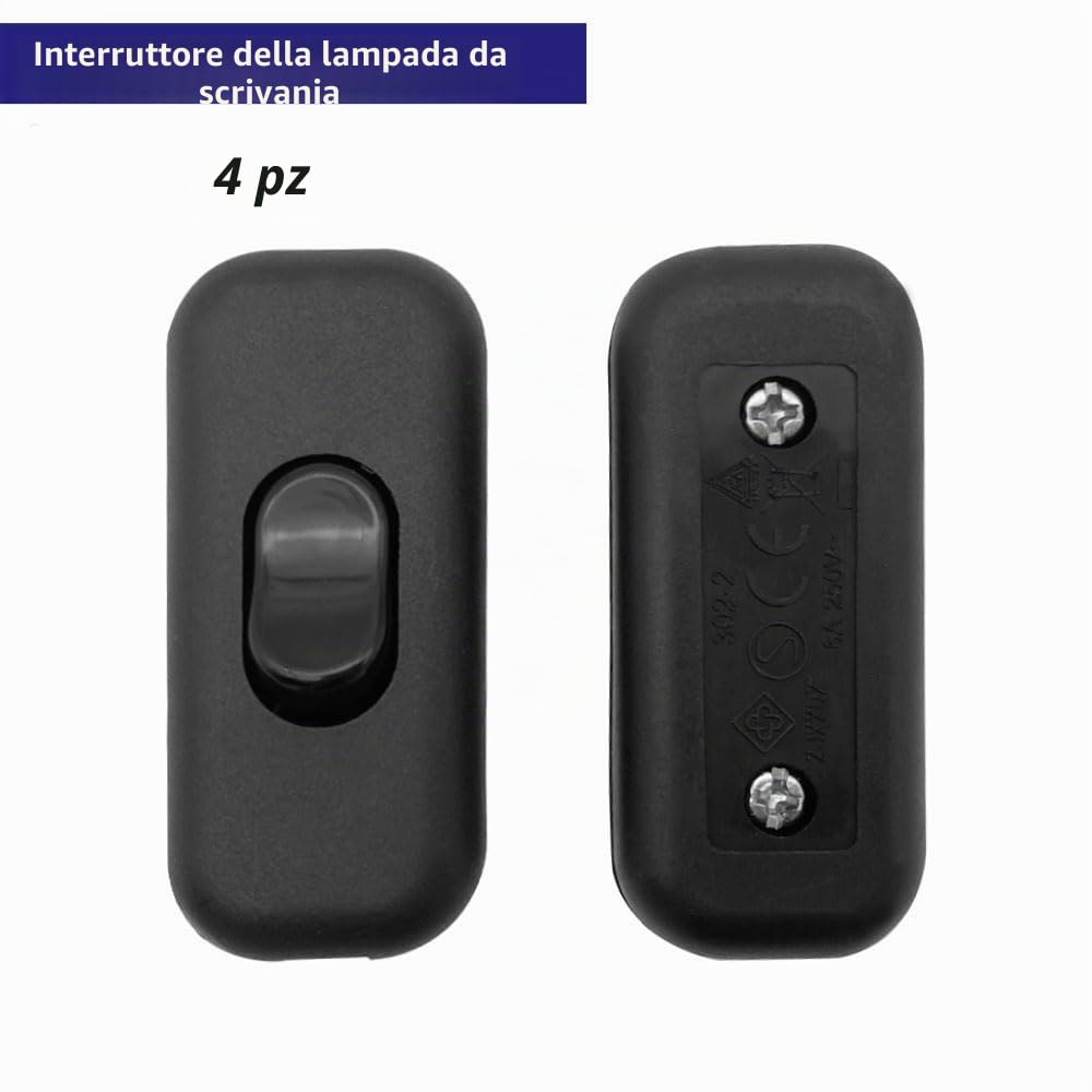 Interruttore Lampada Nero Bipolare, 4pz Adatto per Luce a Casa e in Camera da Letto (6 A, 250 V)