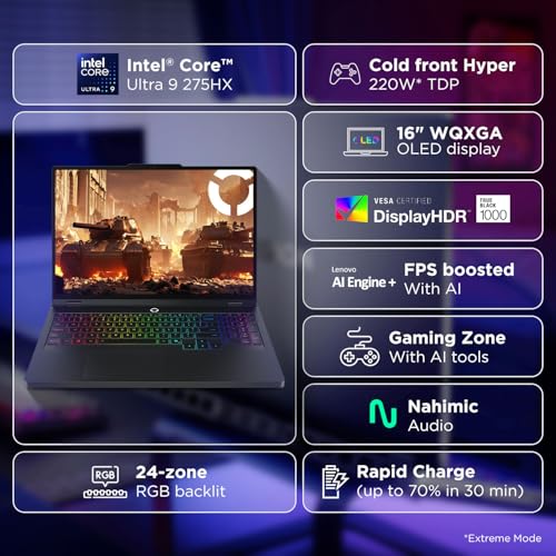 Image of Lenovo Legion Pro 5 2025 Intel Core Ultra 9 275HX | NVIDIA RTX 5070Ti 12GB (32GB RAM /1TB SSD /WQXGA OLED /240Hz /16(40.64cm) /Windows 11 /Office 2024 /Black /2.4Kg), 83LU0011IN AI Powered Gaming Laptop
