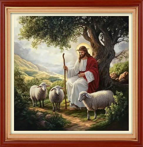 Image of Foxhool Stamped Cross Stitch Kits,11CT Printed Cross Stitch Pattern Full Embroidery Kits for Beginner Needlepoint Kits&Jesus Shepherd 18x18 inch
