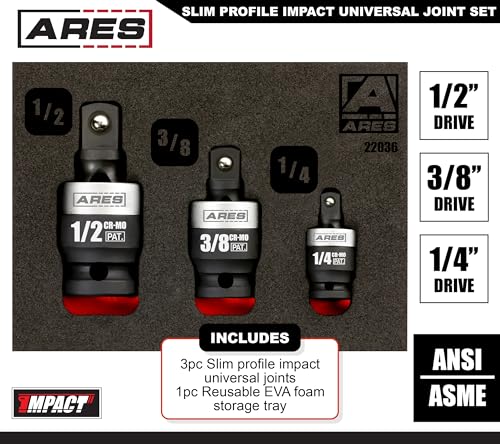 Image of ARES 22036 3-Pc Slim Profile Impact Universal Joint Set - 1 /4,3 /8,1 /2-In