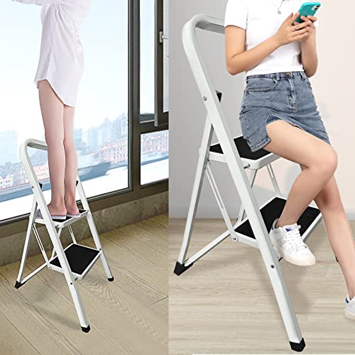 Step Ladder, 2 Step Folding Stool With Handgrip Heavy Duty Steel Frame With Non-Slip Wide Pedal, Rubber Feet, 330Lbs Load, Max Stand Height 18", Portable Step Ladder For Kitchen, Home #TOP6