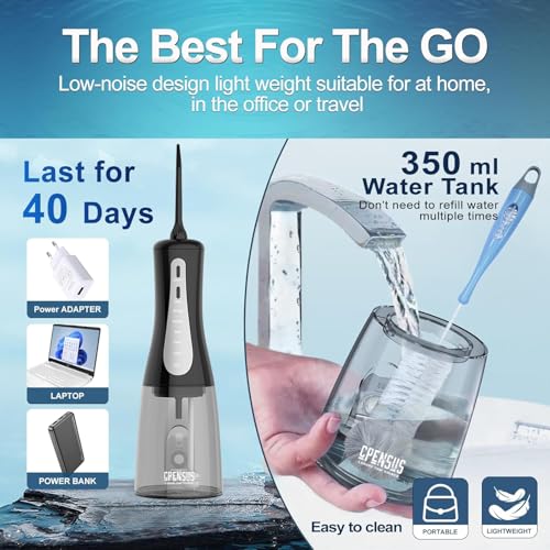 Image of CPENSUS 360 water flosser for teeth 350 ml water tank wih 5 pressure modes & 4 Jet tips nozzles IPX7 water proof 1500mAH battery portable dental floss for teeth cleaner travel oral irrigator 6 months warranty