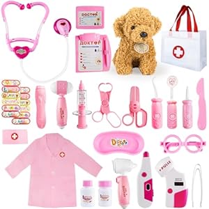 Doctor Kit for Kids, 25 Pcs Kids Doctor Playset with Dog Toy, Medical Storage Bag, Stethoscope Toy, Dress-up Outfit and Other Accessories for Fun Role Play for Toddlers Ages 3-6