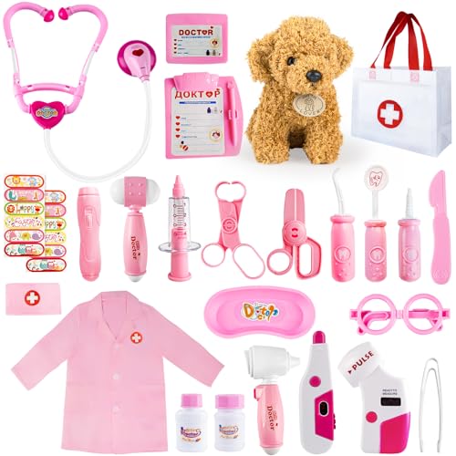 Doctor Kit for Kids, 25 Pcs Kids Doctor Playset with Dog Toy, Medical Storage Bag, Stethoscope Toy, Dress-up Outfit and Other Accessories for Fun Role Play for Toddlers Ages 3-6