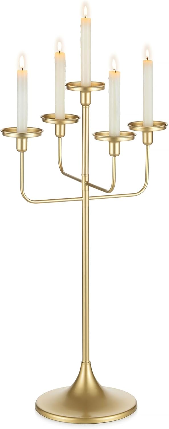Sziqiqi Candelabra Candle Holder Gold: 27 inch Tall Candelabra for Pillar Candlesticks - 5-Arms Metal Candlestick Holder for Dining Table Centerpiece