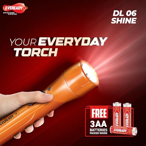 Image of Eveready DL06 Shine, 0.75W Emergency Torch with 1KM Beam, Durable ABS Body, Slide Switch, Built-in Wrist Sling, Powered by 3xAA Batteries