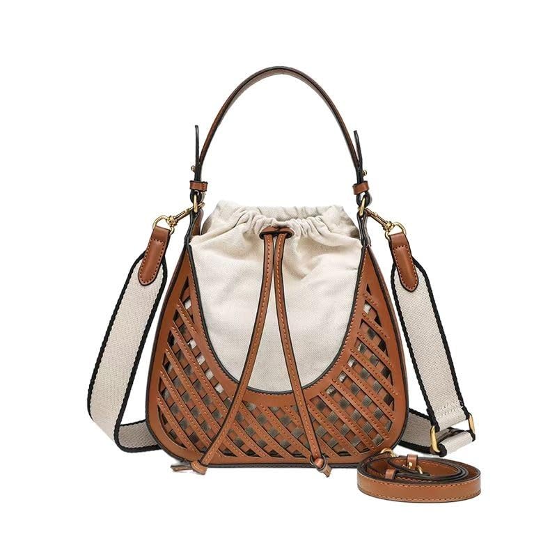 Boho Crochet Bucket Bag Purse - Vintage Woven Shoulder Purse for Women Crossbody Handbag Casual Chic Beach Bag