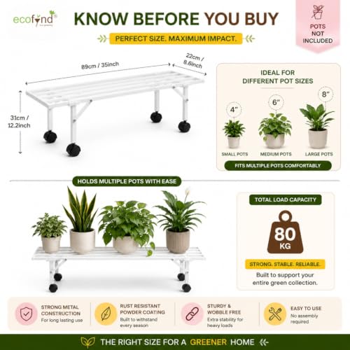 Image of ecofynd Scot 35 Inch Plant Stand with Wheels for Outdoor Balcony, Flower Pot Stand for Indoor Plants, Metal Plant Stand for Living Room, Home decor, Indoor & Outdoor plants, 1 Tier (2 Pack, PS051-WHT)
