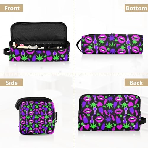 Bolsa organizadora para herramientas de cabello con tapete resistente al calor, impermeable con diseño de hojas y labios neón verde. miniatura 5