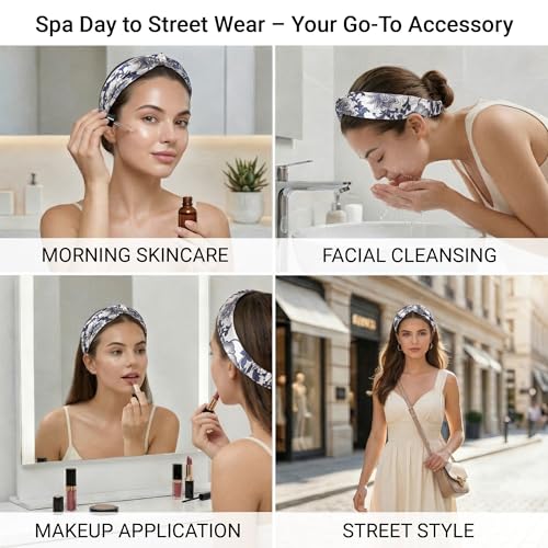 Image of ZLYC Mulberry Silk Headband for Women's Hair, Floral Navy and White | smooth luxury real silk, stretch elastic no slip fit, makeup spa skincare use, travel daily wear,boho fashion hair accessory
