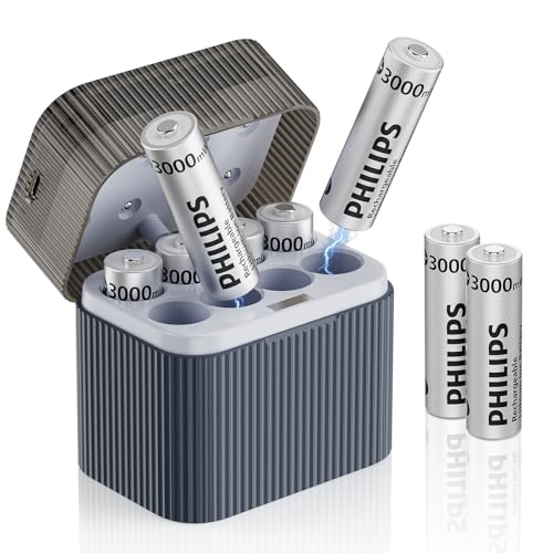 Philips Rechargeable AA Lithium Batteries with Charger 8 Pack - 1.5V 3000mWh High Capacity Li-ion...